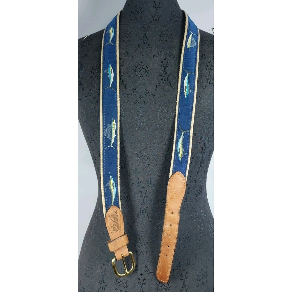 World Wide Sportsman Marlin Sail Fish Ribbon Belt Size 46 Blue Leather